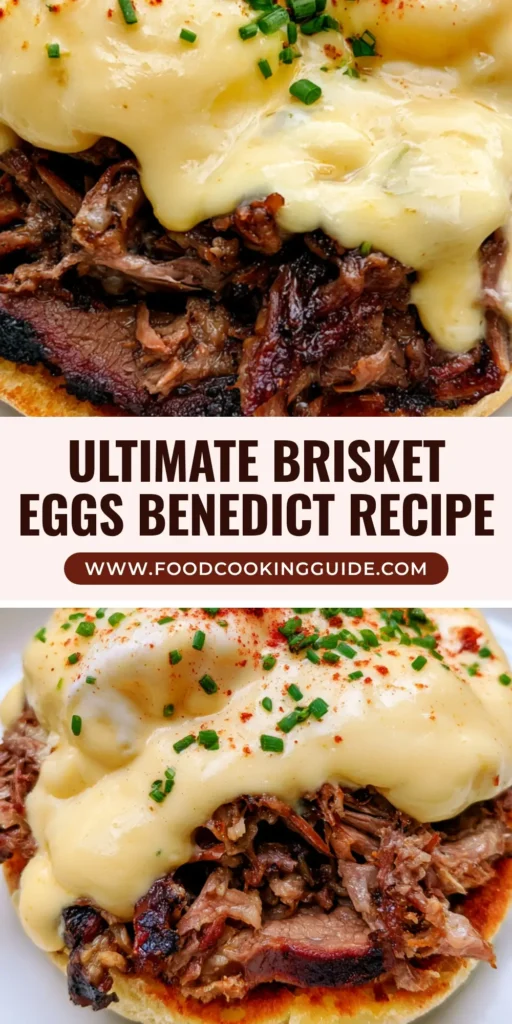 A close-up of Brisket Eggs Benedict featuring golden-brown sourdough muffins, smoky shredded brisket with dark bark, and runny poached eggs smothered in thick hollandaise sauce.
