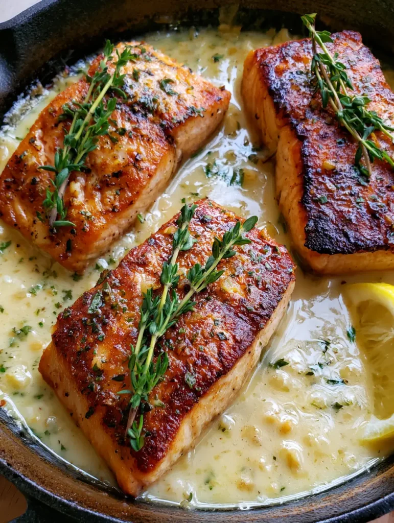 Overhead view of Lemon Garlic Butter Salmon fillets with crispy tops and creamy sauce in a skillet.