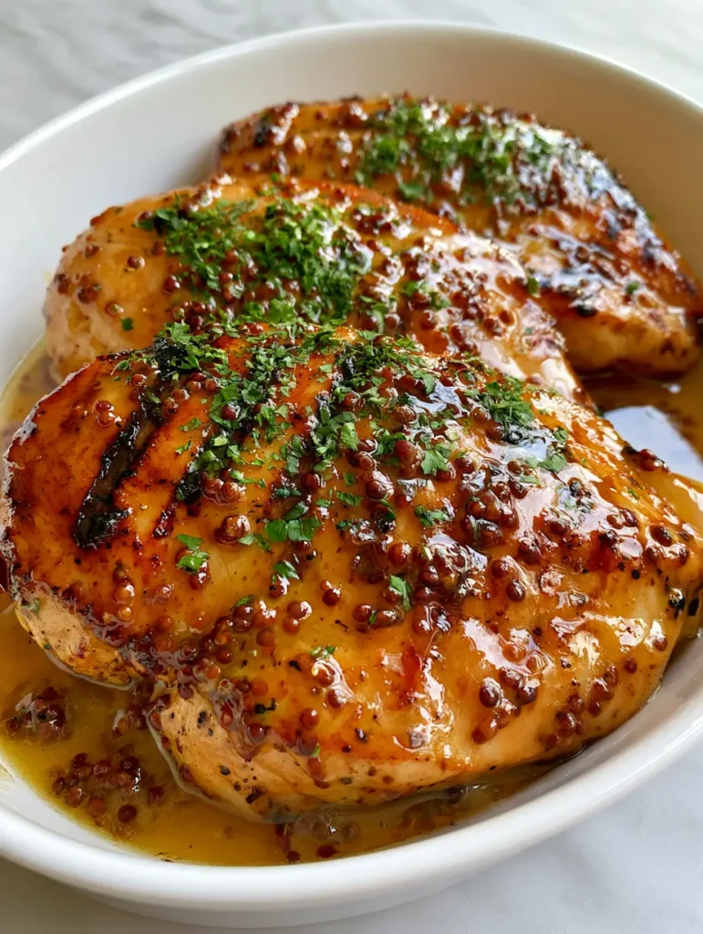 Close-up of seared chicken breasts with visible grill marks and a thick amber honey mustard sauce featuring whole grain seeds. (Honey Mustard Chicken)