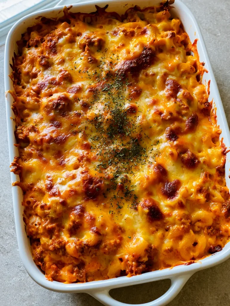 Slightly angled view of Amish Hamburger Casserole showing the crispy cheese edges and parsley garnish on a light gray countertop.