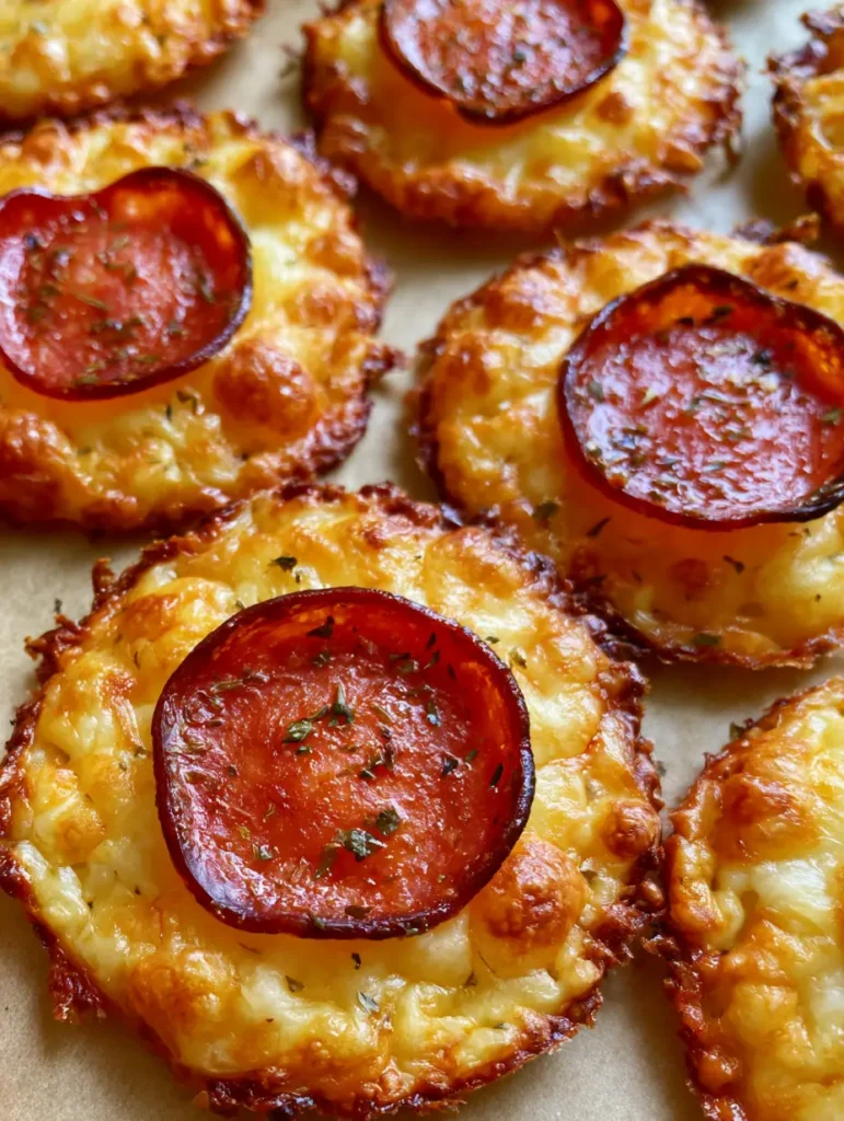 Close-up of golden-brown Pepperoni Cheese Crisps with glistening red centers and green oregano flakes.