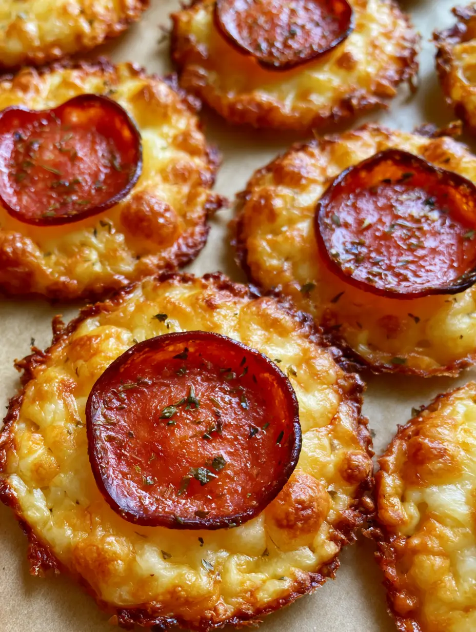 Close-up of golden-brown Pepperoni Cheese Crisps with glistening red centers and green oregano flakes.