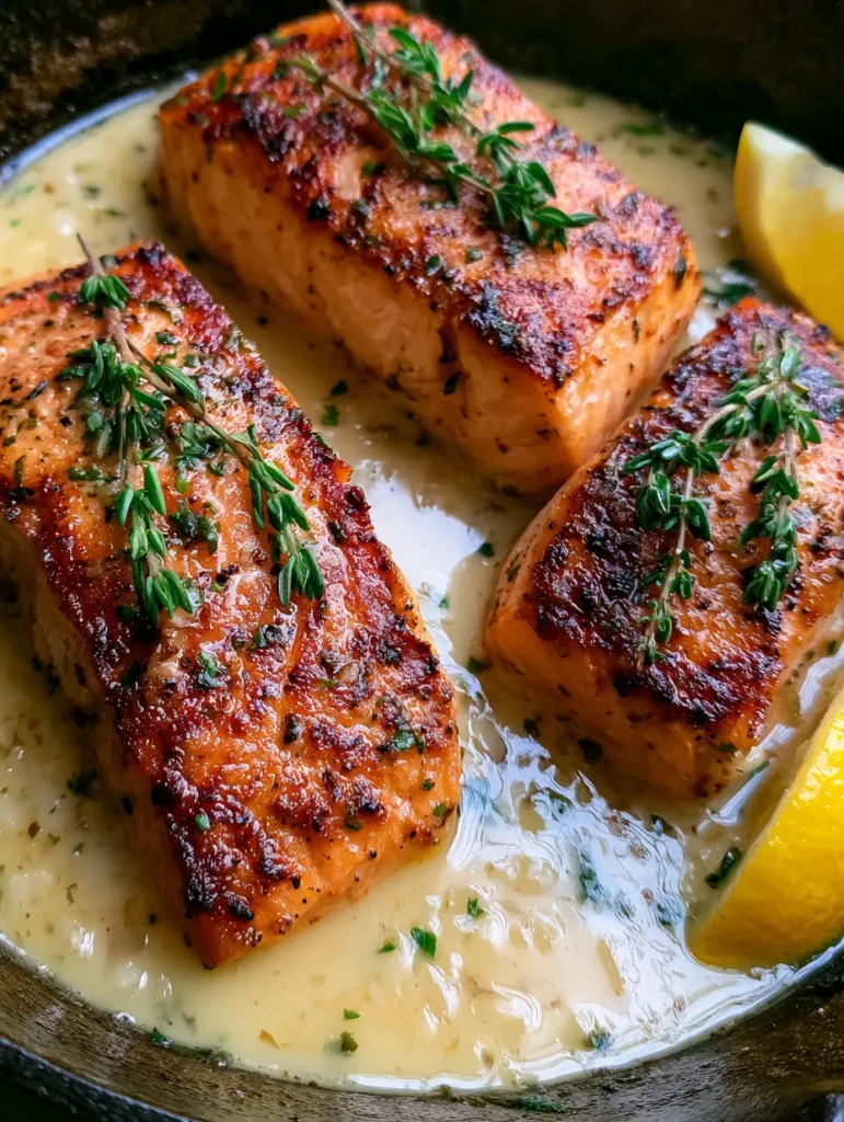 Detailed close-up of the charred golden-brown crust of the Lemon Garlic Butter Salmon.