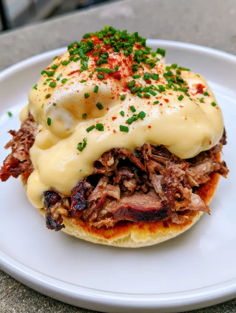 Handheld smartphone photo of Brisket Eggs Benedict on a white plate, showing the juicy texture of shredded smoked brisket and a sprinkle of chives.