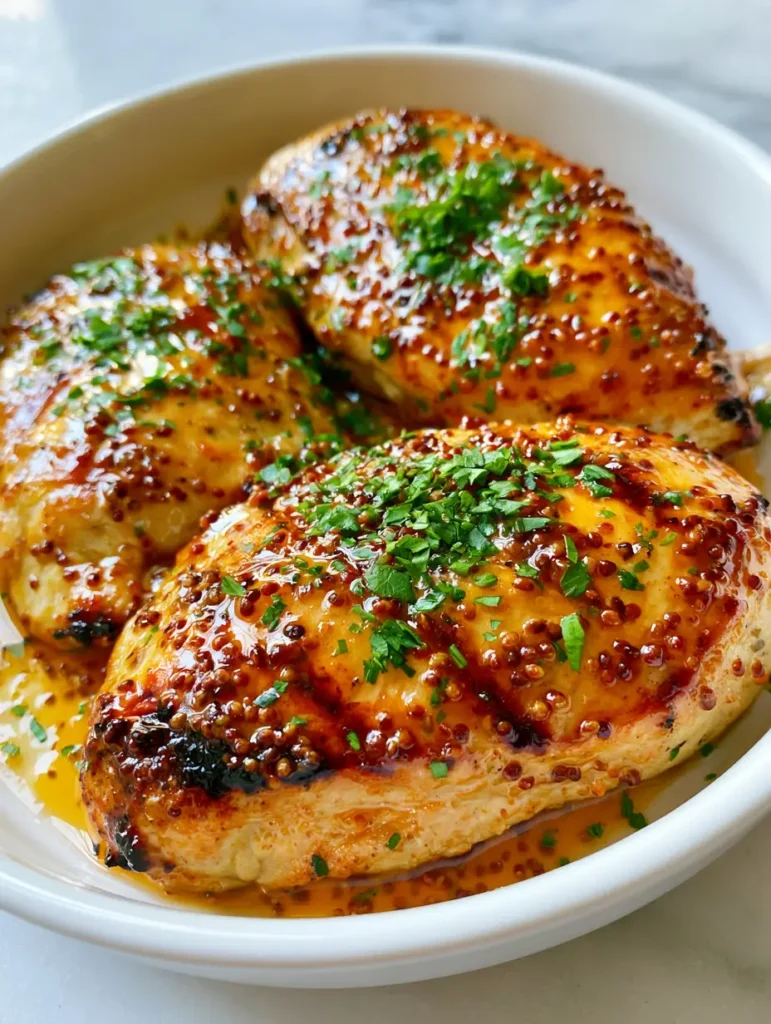 Honey Mustard Chicken breasts resting in a ceramic dish on a marble countertop, garnished with chopped parsley.