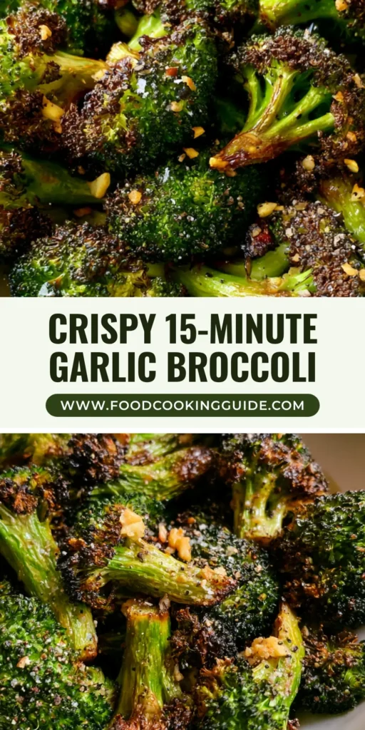 A ceramic white bowl filled with crispy Air Fryer Broccoli florets featuring dark charred edges and roasted garlic bits. (Air Fryer Broccoli)