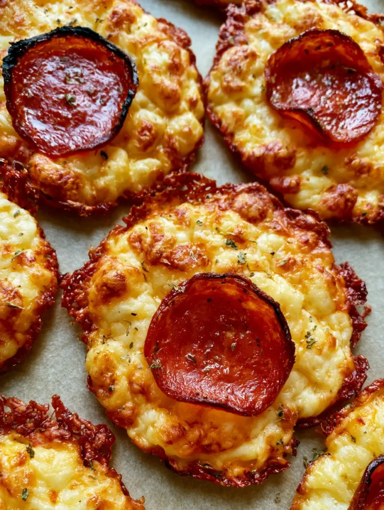 Multiple Pepperoni Cheese Crisps arranged on neutral parchment paper, highlighting the bubbly lacy texture.