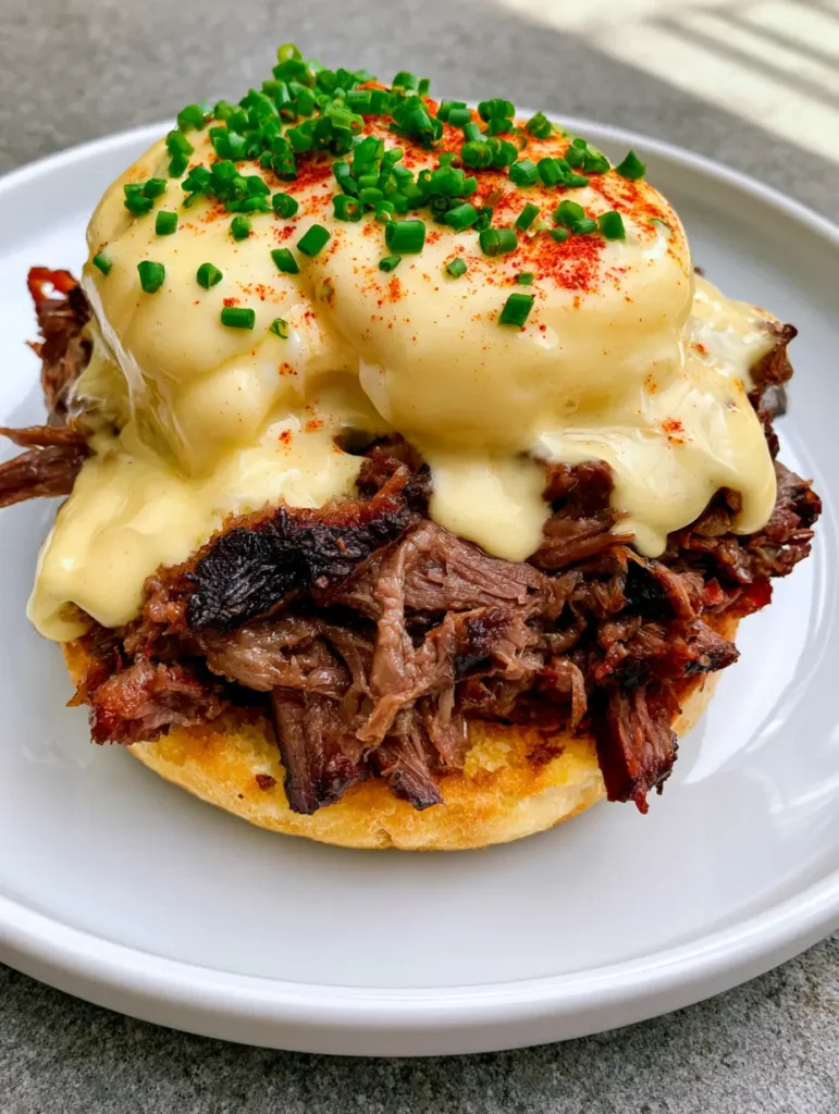 Brisket Eggs Benedict on a neutral stone background, highlighting the runny egg yolk and thick, pale-yellow lemon hollandaise sauce.