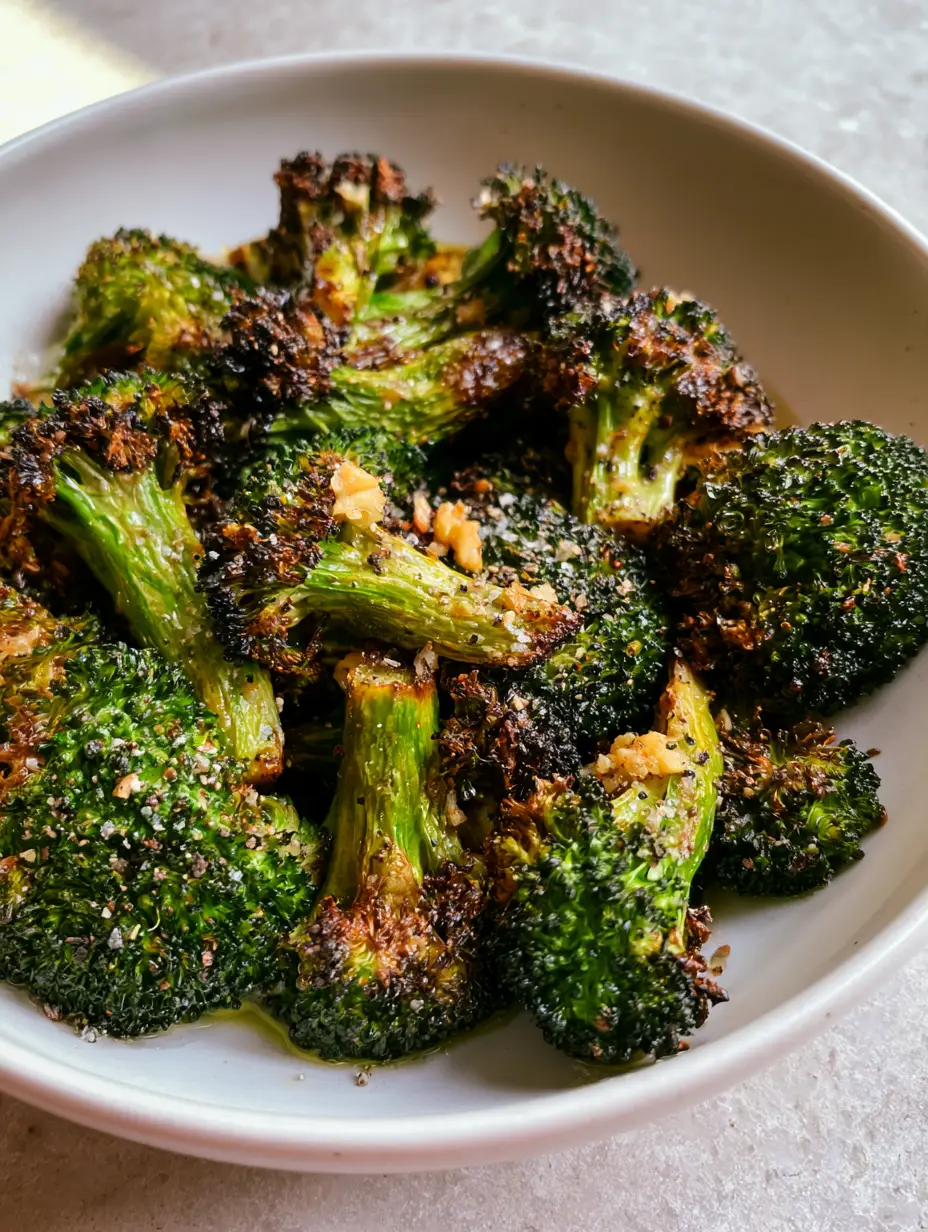 Overhead shot of deep green Air Fryer Broccoli with visible sea salt and cracked pepper in a white bowl. (Air Fryer Broccoli)