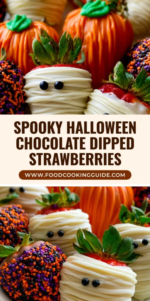A white rectangular platter filled with Halloween chocolate covered strawberries decorated as mummies, pumpkins, and sprinkle-covered treats.