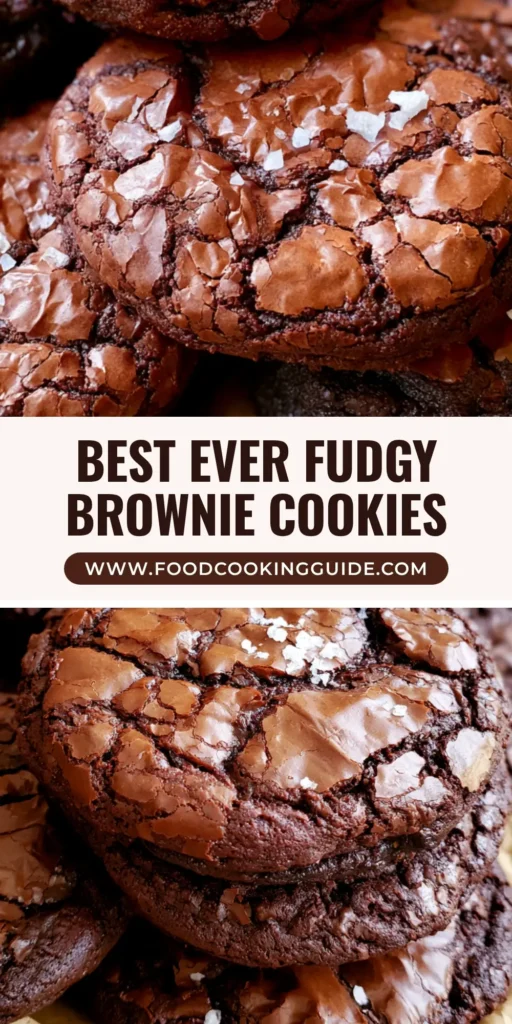 A stack of Fudgy Brownie Cookies with a shiny crackled crust and flaky sea salt on parchment paper.