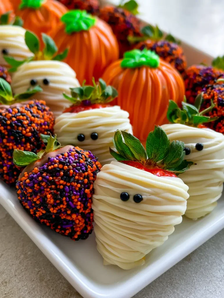 Top-down view of white chocolate mummies and orange pumpkin Halloween chocolate covered strawberries on a light countertop.