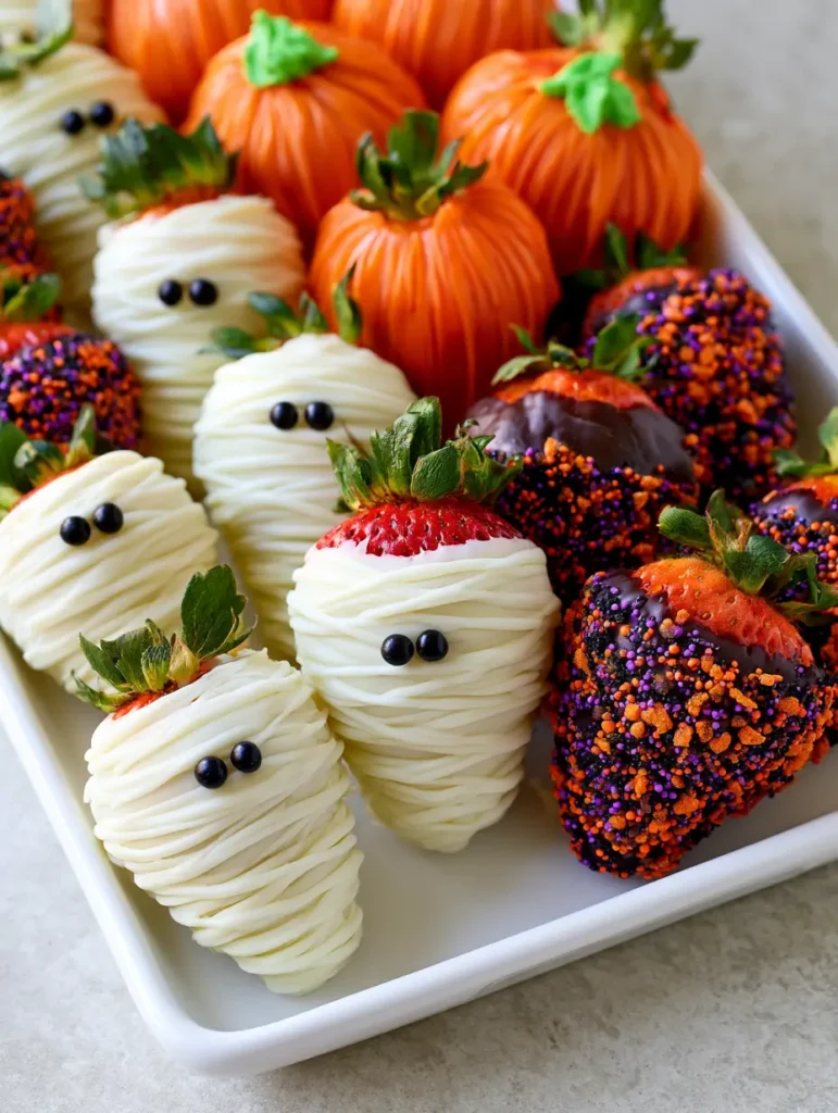 Close-up of Halloween chocolate covered strawberries featuring dark chocolate with purple and orange sprinkles.