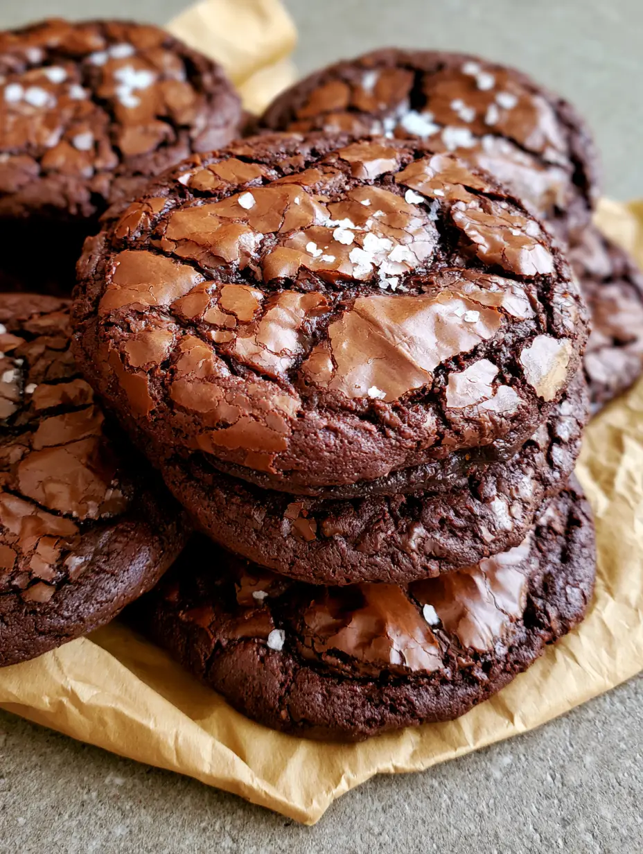 Close-up handheld photo of thick Fudgy Brownie Cookies showing deep chocolate tones and salt flakes.