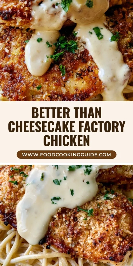 A handheld smartphone photo of a plate of Chicken Romano with golden-brown crusted chicken over creamy spaghetti and parsley. (Chicken Romano Recipe)