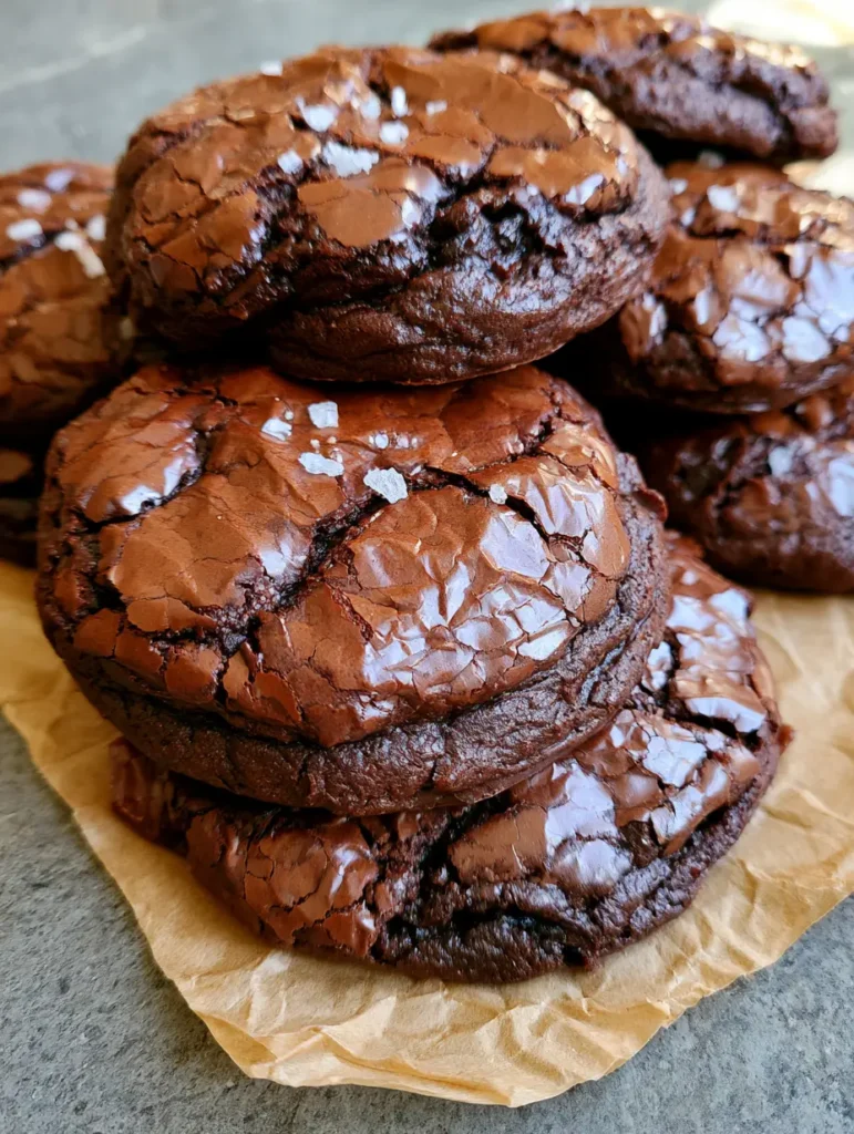 Top down view of Fudgy Brownie Cookies on crumpled brown parchment paper with a grey stone background.