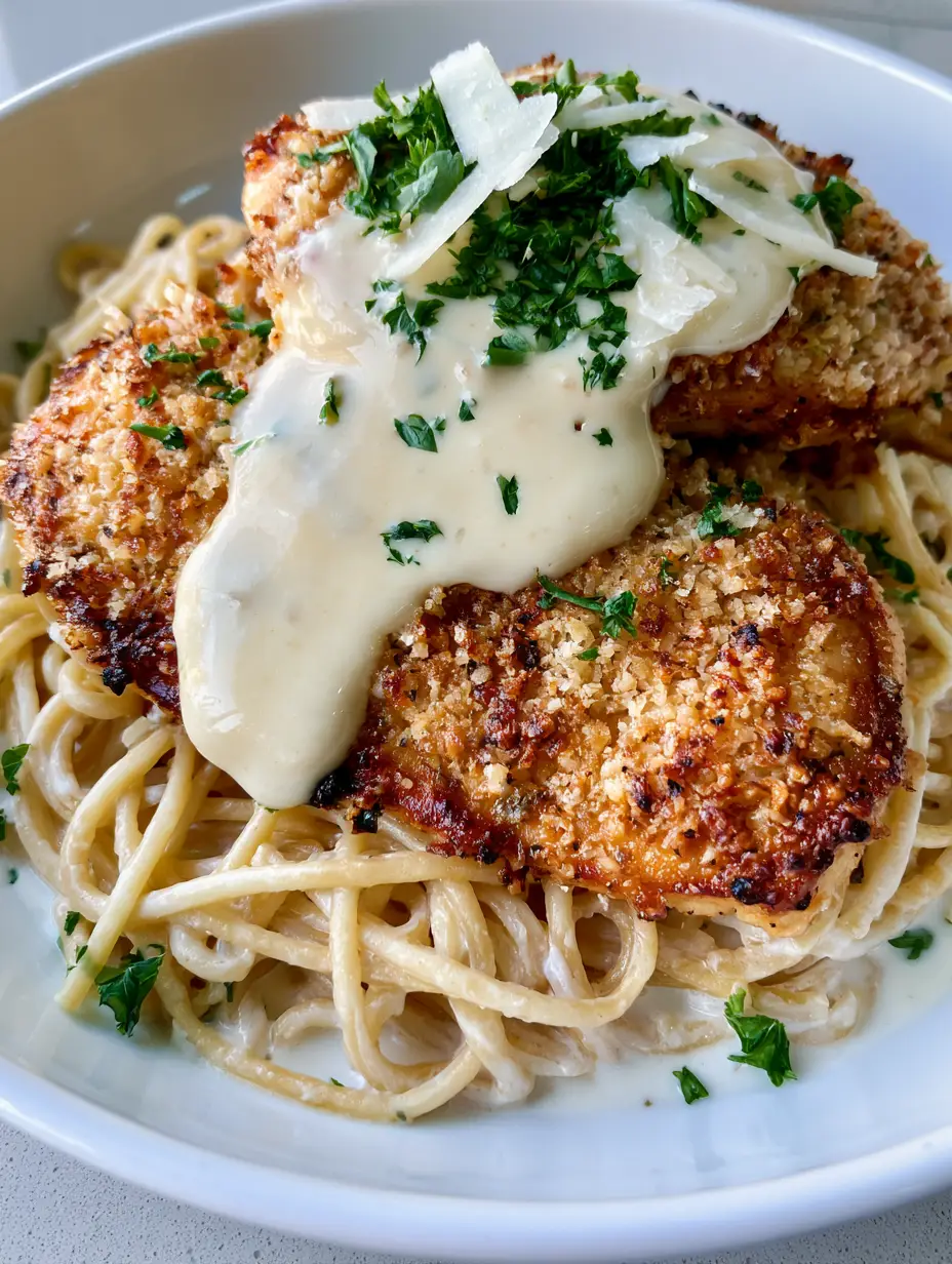 Wide, flat Romano crusted chicken breast with textured golden-brown breadcrumbs and seared edges on a bed of white cream sauce pasta. (Chicken Romano Recipe)