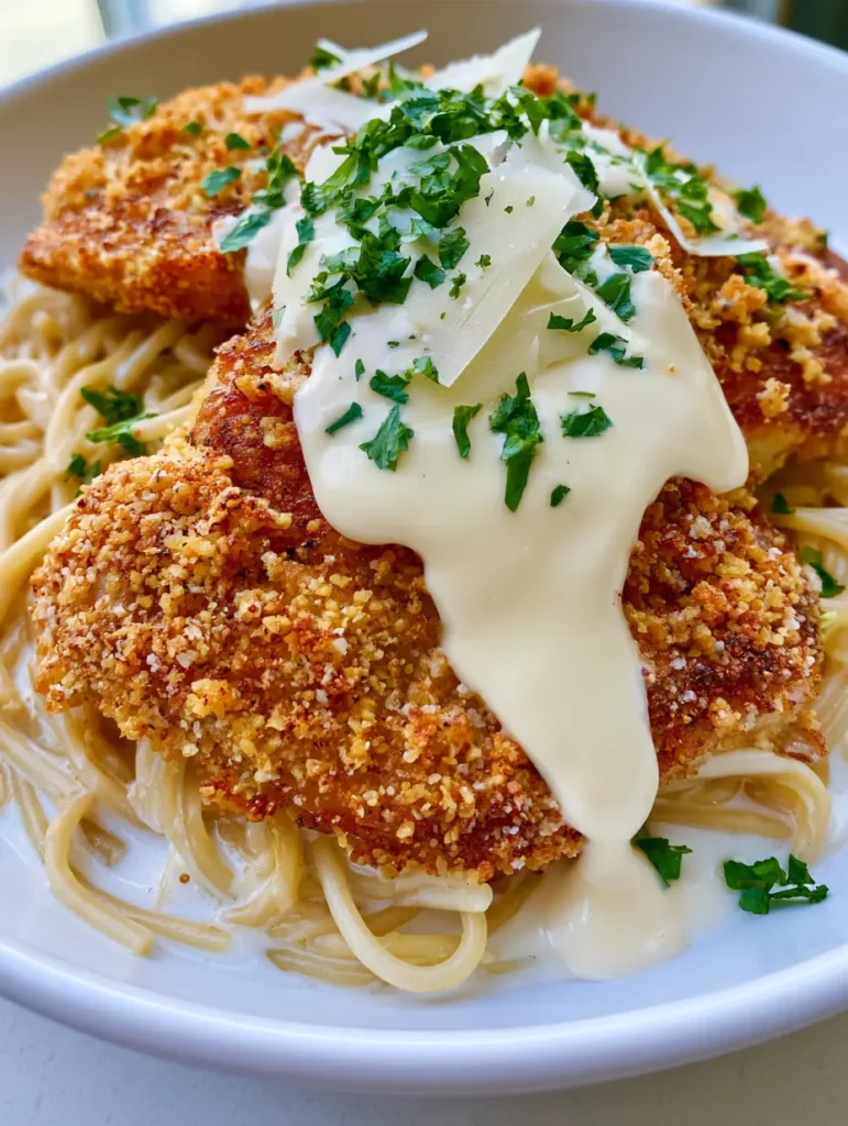A plate of Chicken Romano showing the ivory cream sauce drizzled over crispy chicken and al dente spaghetti garnished with parsley.