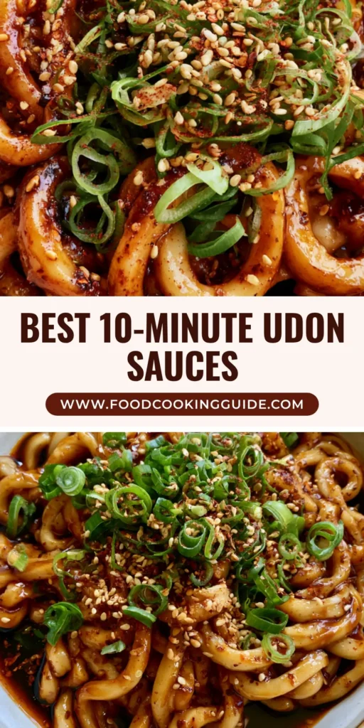 A close-up top-down view of thick udon noodles coated in a glossy mahogany Udon Noodle Sauce, topped with scallions and sesame seeds.