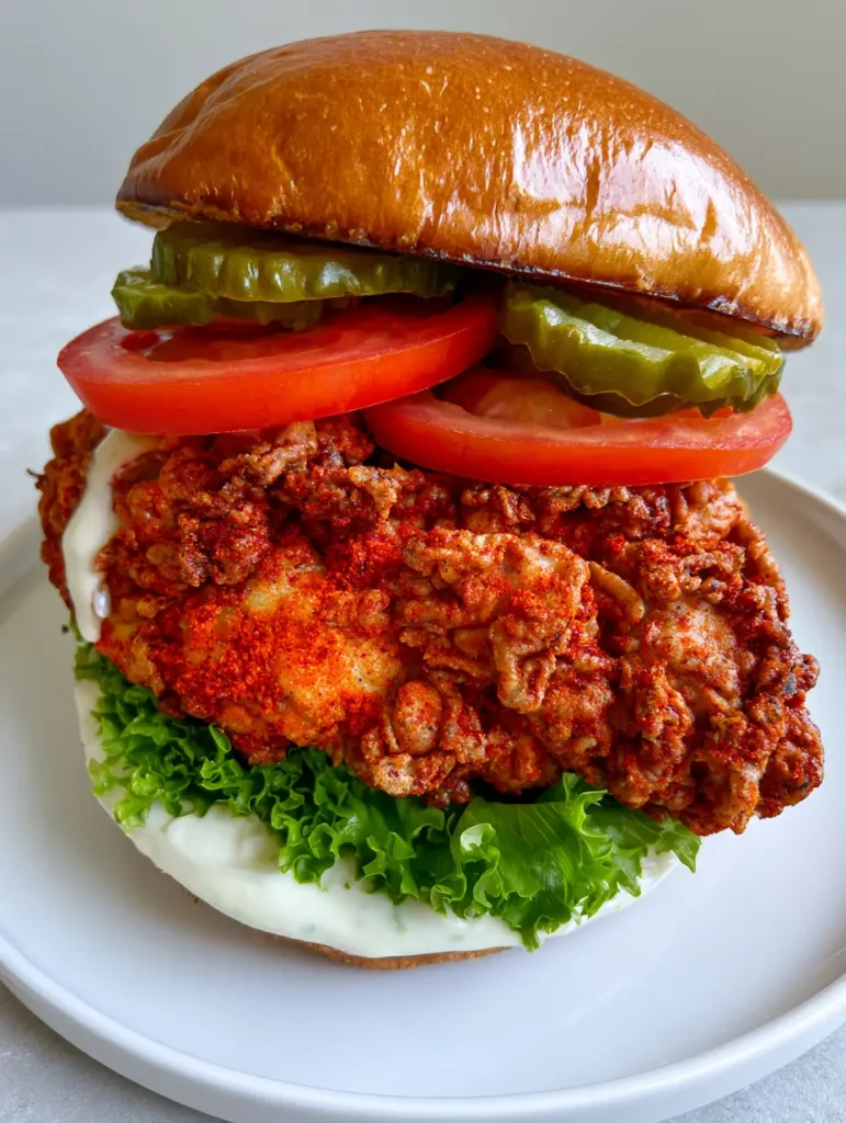 Cajun Crispy Chicken Sandwich with Creamy Garlic Aioli 1 Visual details of the Cajun Crispy Chicken Sandwich showing the reddish-orange spice dusting and juicy tomato slices.
