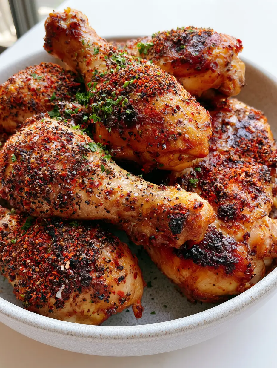 Eye-level view of roasted Oven Baked Chicken Legs showing extreme crispy texture and visible pepper granules.