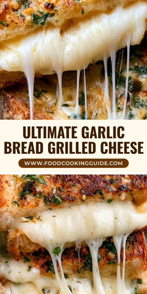 Garlic Bread Grilled Cheese with Sourdough and Melty Mozzarella 4 A handheld diagonal cut Garlic Bread Grilled Cheese with sourdough and stretchy mozzarella cheese on a grey plate.