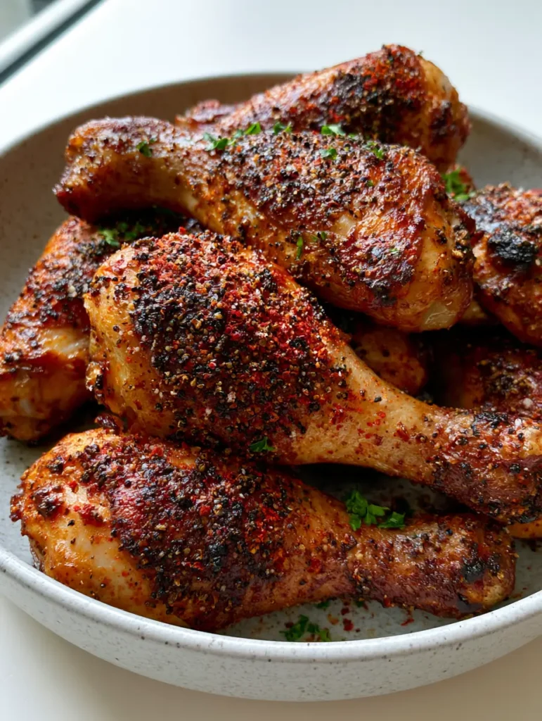 Close-up of Oven Baked Chicken Legs garnished with fresh parsley on a light grey speckled plate.
