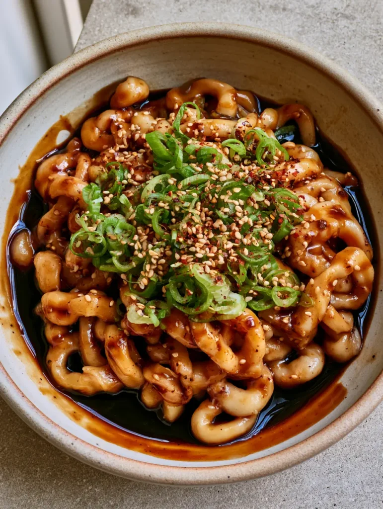 Top-down view of a ceramic bowl on a gray stone surface containing udon noodles and a glossy Udon Noodle Sauce.