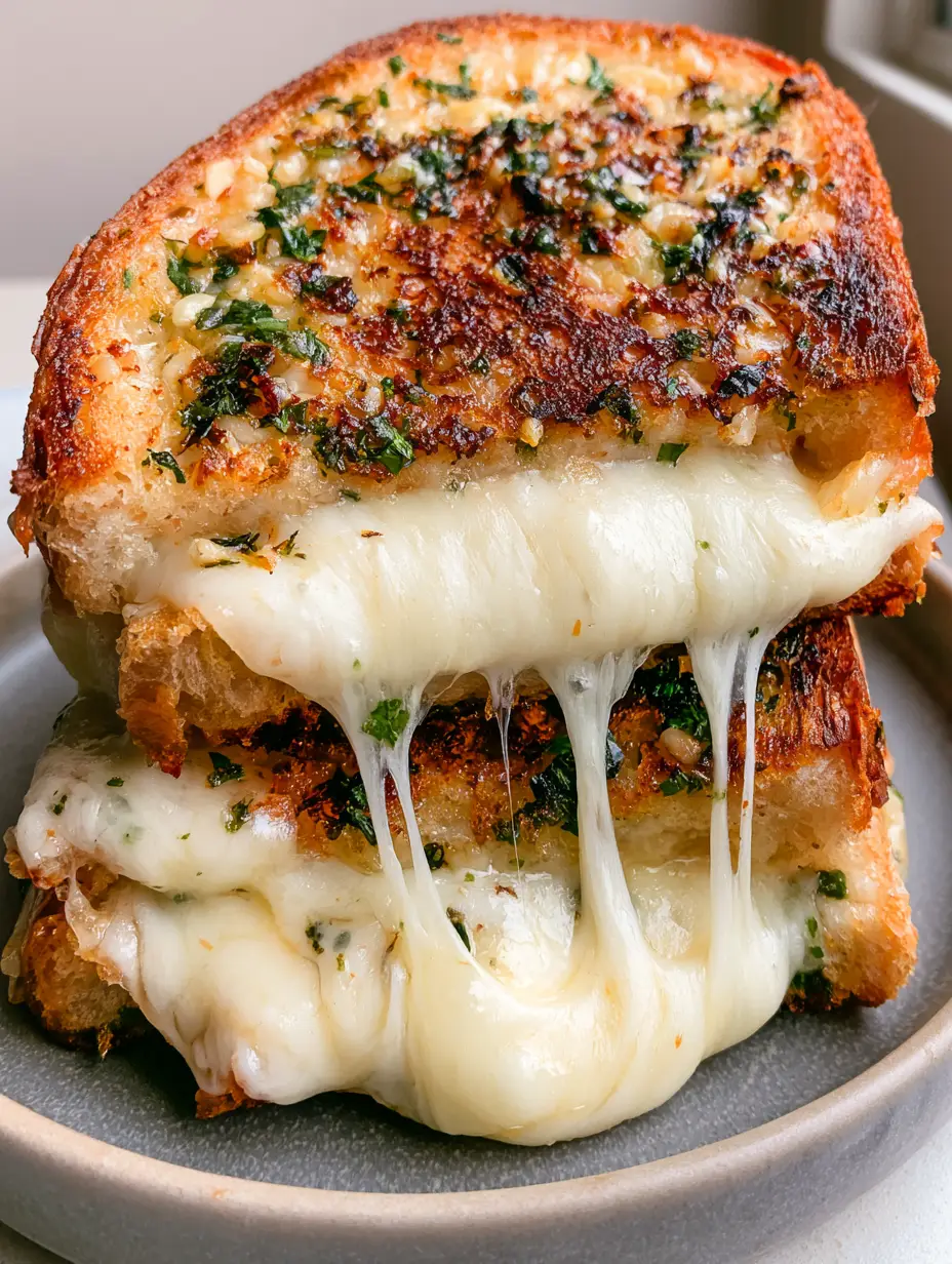 Garlic Bread Grilled Cheese with Sourdough and Melty Mozzarella 3 Close up of Garlic Bread Grilled Cheese showing charred garlic bits and parsley flakes on toasted sourdough.