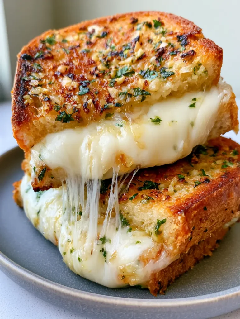Garlic Bread Grilled Cheese with Sourdough and Melty Mozzarella 1 A side view of the Garlic Bread Grilled Cheese highlighting the thick, overflowing layer of melted mozzarella.