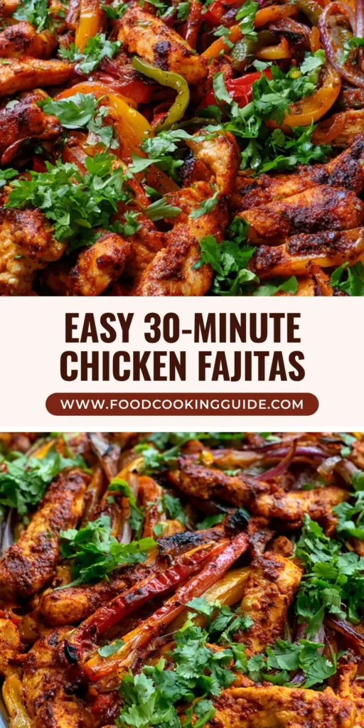 A dark metal sheet pan filled with roasted Sheet Pan Chicken Fajitas, featuring charred chicken strips and blistered bell peppers on a light wooden surface.