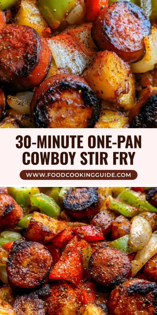A handheld smartphone photo of a Cowboy Stir Fry served in a seasoned black cast iron skillet featuring crispy potatoes and seared sausage.