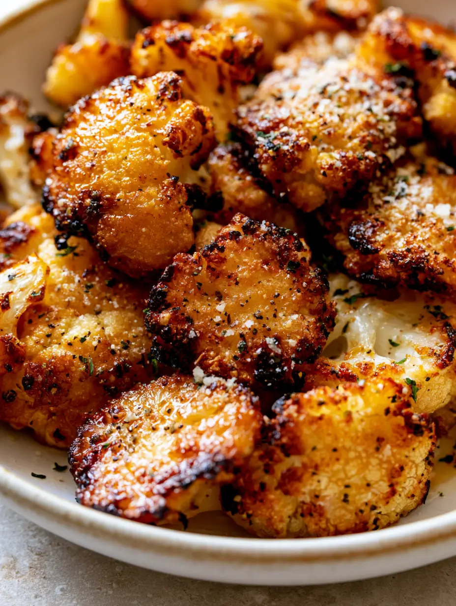 Close up of deeply golden-brown Crispy Roasted Cauliflower with visible black pepper and sea salt.