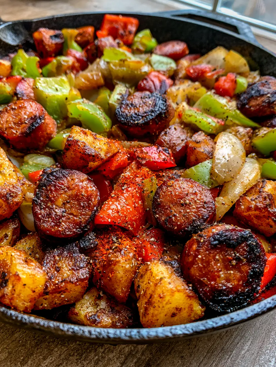 Close-up of seared smoked sausage slices and vibrant bell peppers in a Cowboy Stir Fry.