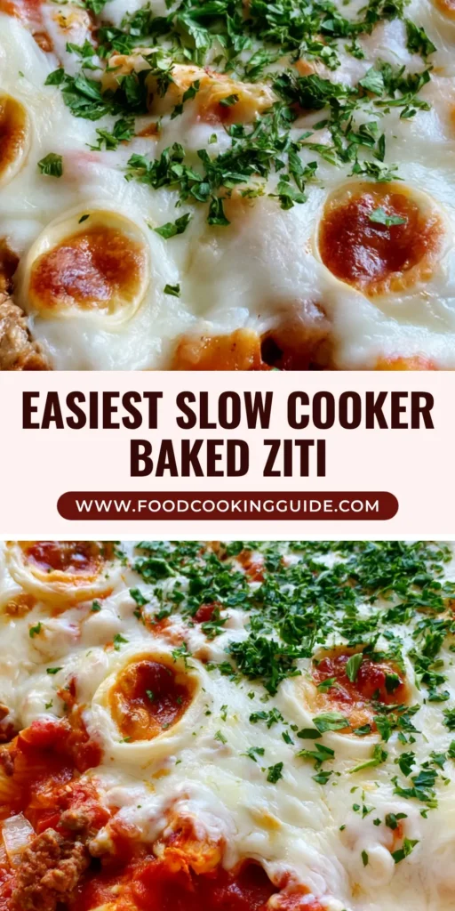 A high-angle shot of Slow Cooker Baked Ziti in a ceramic insert, featuring bubbly mozzarella with golden-brown toasted spots and fresh parsley garnish.