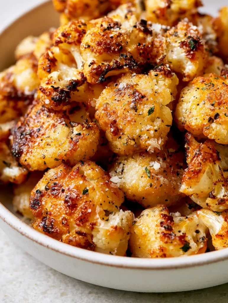 Crispy Roasted Cauliflower florets glistening with oil and seasoned with parsley flakes.
