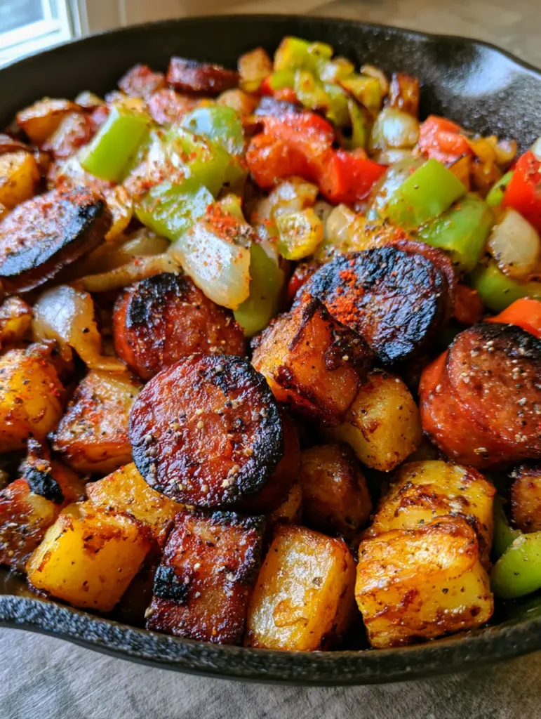 Golden brown crispy potatoes with charred edges in a cast iron skillet for Cowboy Stir Fry.