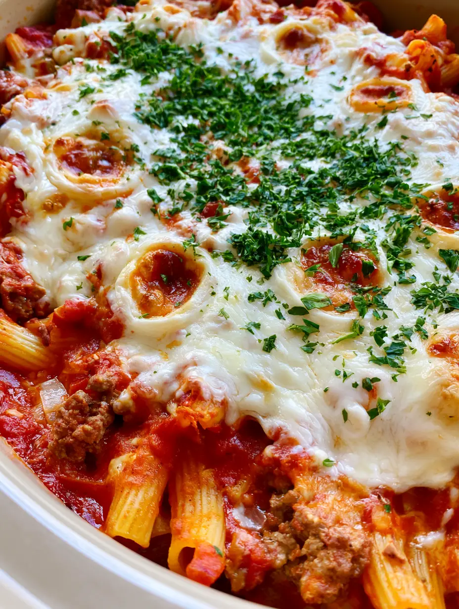Close-up view of Slow Cooker Baked Ziti showing browned ground beef crumbles and vibrant red tomato sauce coated on ziti noodles.