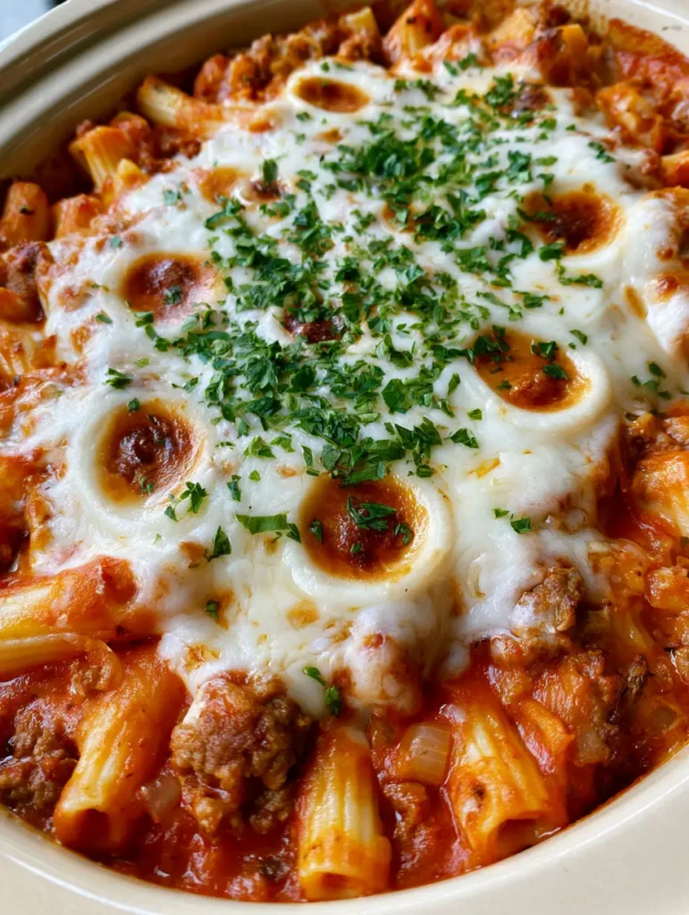 Top-down view of Slow Cooker Baked Ziti with melted mozzarella cheese, golden toasted spots, and finely chopped fresh parsley flakes.