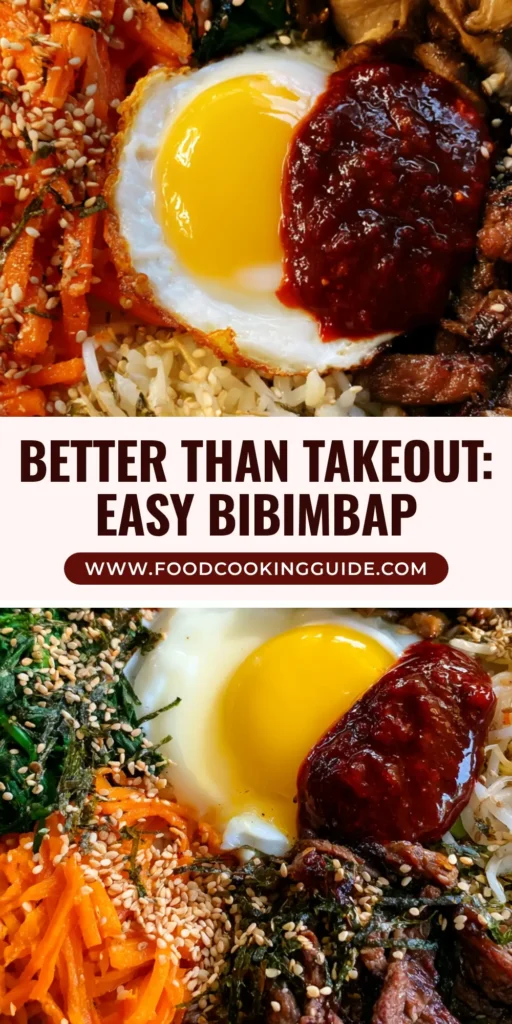 A top-down view of an authentic Bibimbap Recipe in a black cast iron pan with charred bulgogi beef and a runny sunny-side-up egg.