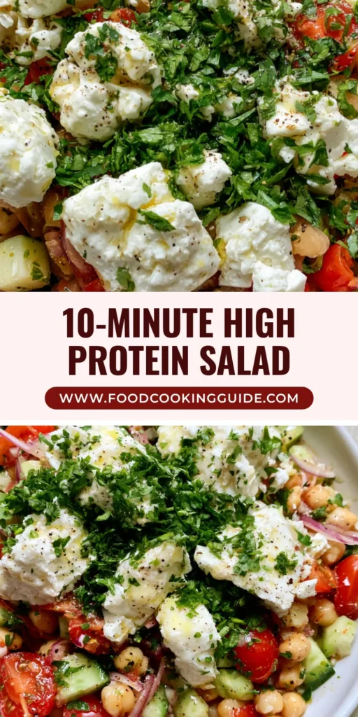 High-Protein Chickpea Salad with Lemon Vinaigrette and Feta 4 A top-down smartphone photo of a vibrant High-Protein Chickpea Salad in a shallow white bowl featuring glistening chickpeas, diced cucumbers, and irregular feta crumbles on a grey stone surface.