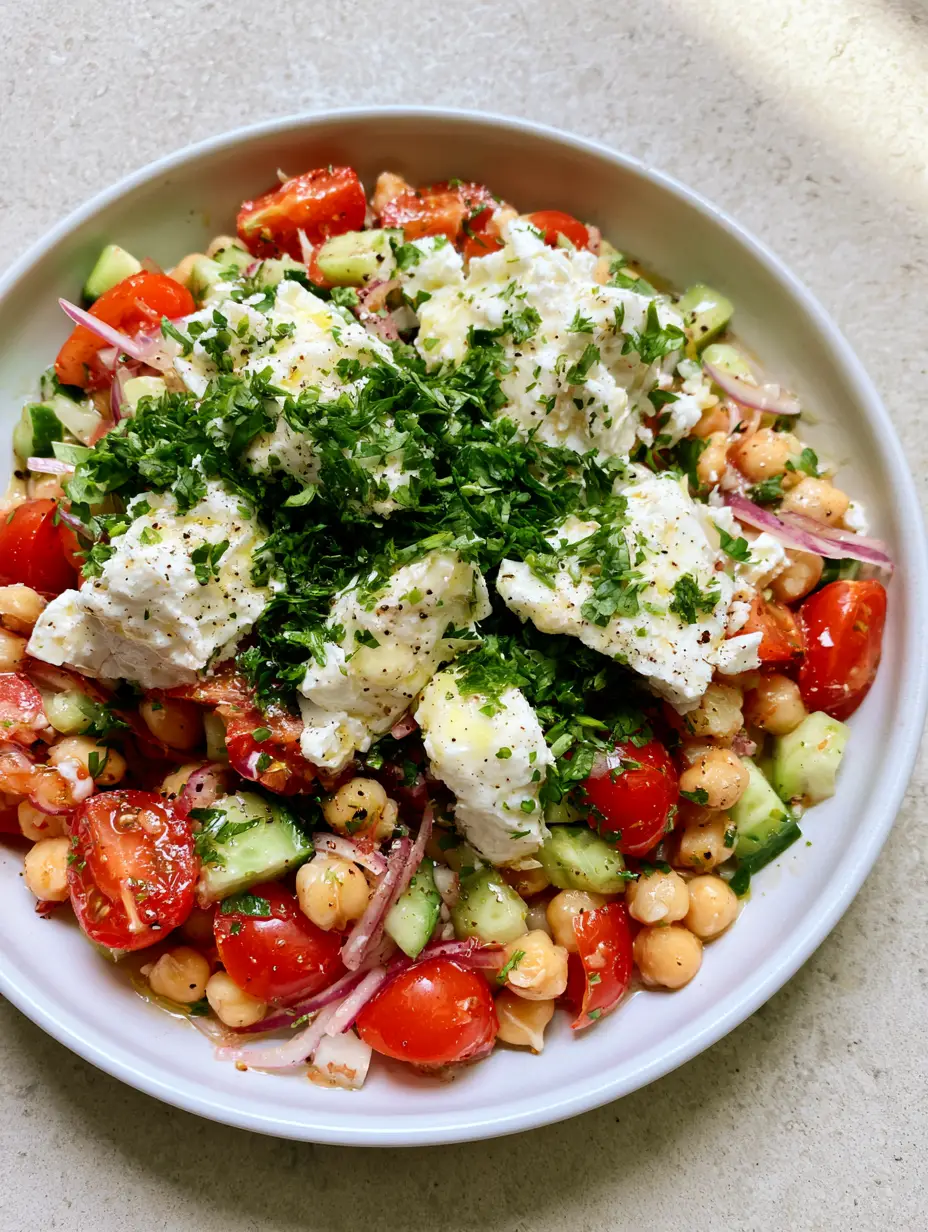 High-Protein Chickpea Salad with Lemon Vinaigrette and Feta 3 Close-up of a vibrant High-Protein Chickpea Salad showing plump rinsed chickpeas, crisp diced cucumbers, and bright halved cherry tomatoes coated in a translucent lemon oil dressing.