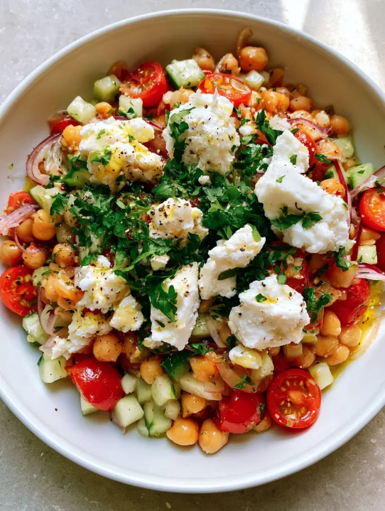 High-Protein Chickpea Salad with Lemon Vinaigrette and Feta 1 Top-down view of the completed High-Protein Chickpea Salad with heavy parsley garnish and matte white feta crumbles on a light grey stone surface.