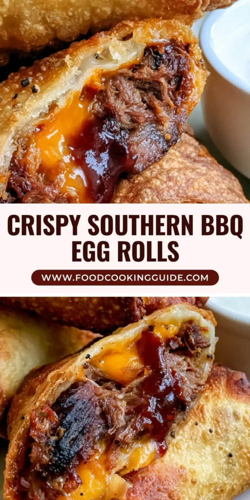 BBQ Egg Rolls with Smoked Brisket and Sharp Cheddar 4 Three golden-brown crispy BBQ Egg Rolls stacked on a plate with one sliced open to show brisket and melted cheese. (BBQ Egg Rolls)
