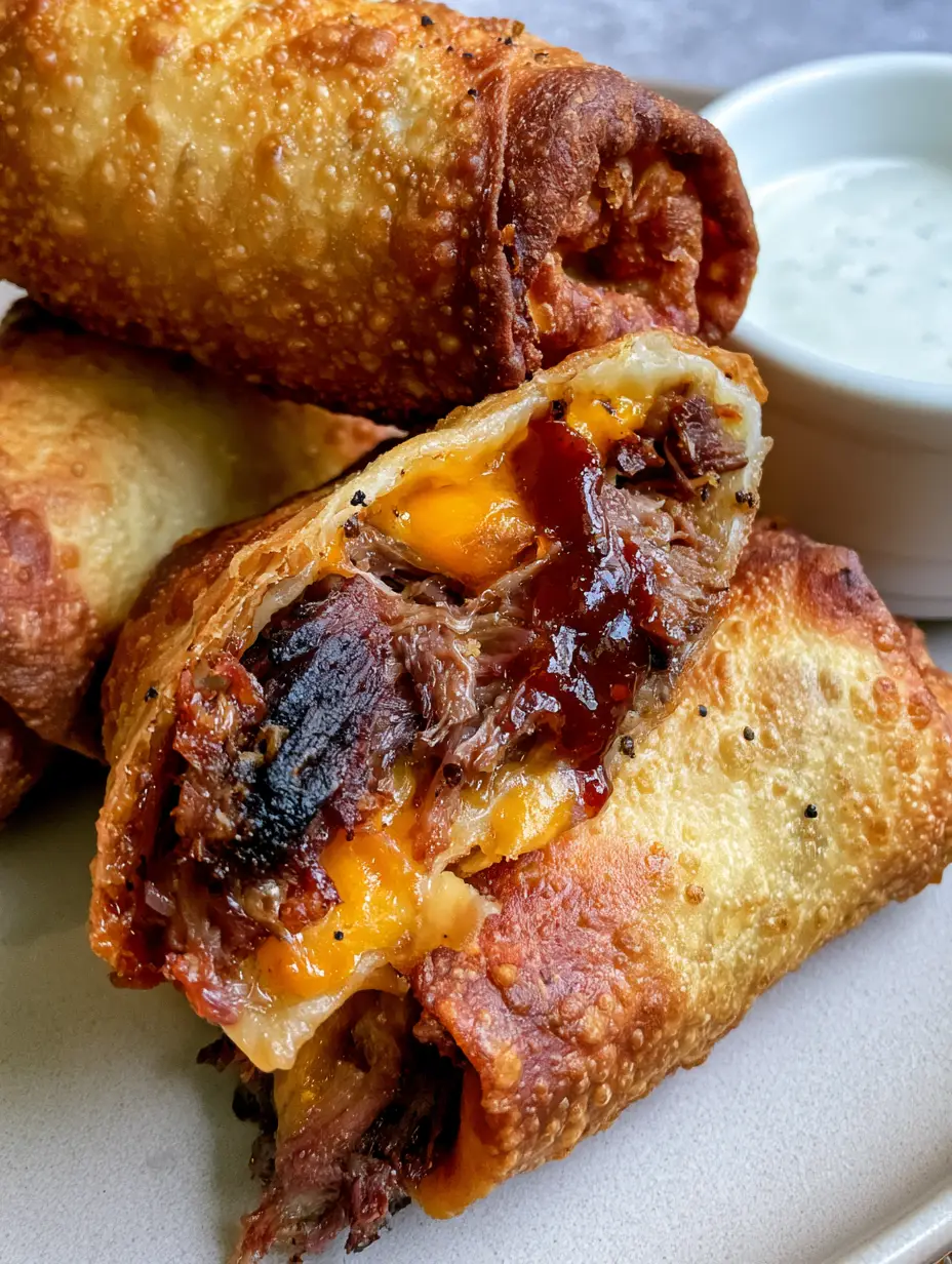 BBQ Egg Rolls with Smoked Brisket and Sharp Cheddar 3 A smartphone photo of stacked BBQ Egg Rolls showing the crispy deep-fried texture and micro-bubbles. (BBQ Egg Rolls)