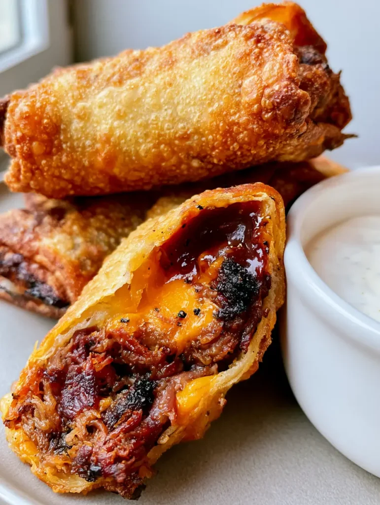 BBQ Egg Rolls with Smoked Brisket and Sharp Cheddar 1 Close up of a diagonally sliced BBQ Egg Roll revealing shredded brisket, charred bark, and melted orange cheddar. (BBQ Egg Rolls)