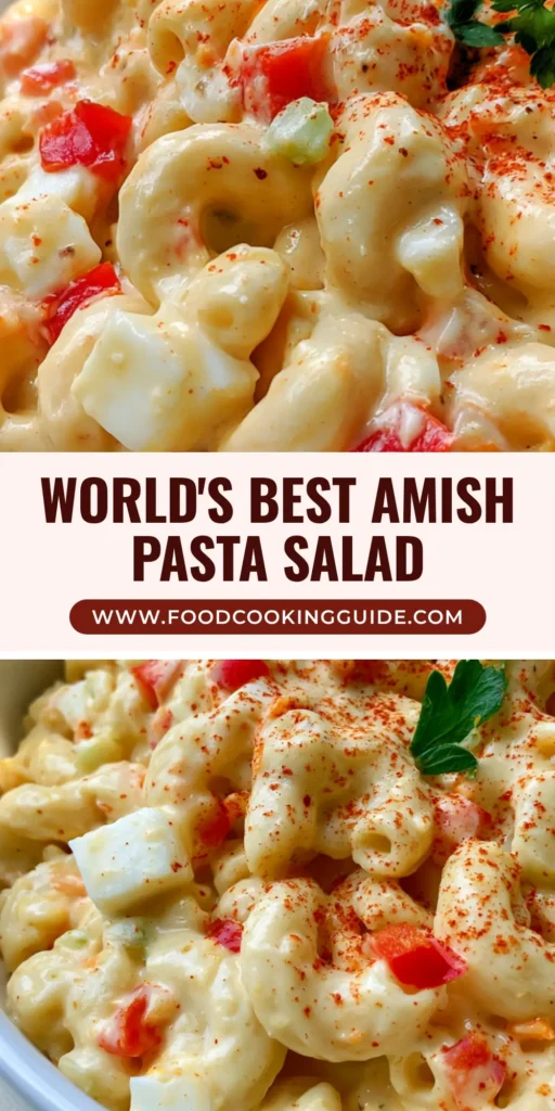 A close-up of creamy Amish Pasta Salad in a white bowl with paprika dusting and parsley. (Amish Pasta Salad)