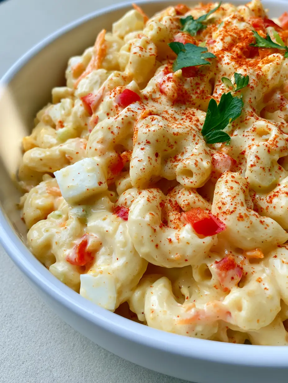 Smartphone photo of creamy Amish Pasta Salad showing glossy pale-yellow dressing and diced eggs. (Amish Pasta Salad)