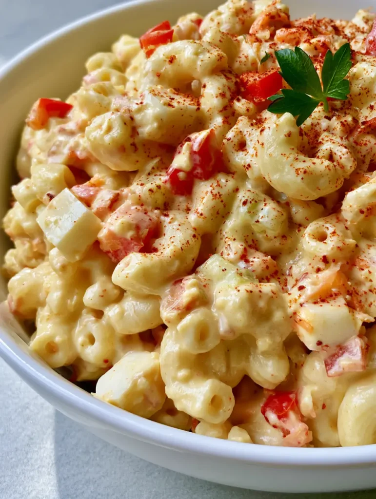 Top down view of Amish Pasta Salad with shredded carrots and paprika in a white ceramic bowl.