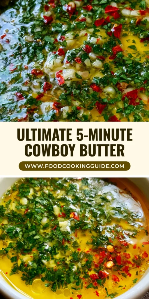A close-up shot of a white ceramic bowl filled with thick, golden Cowboy Butter Recipe featuring red pepper flakes and fresh green parsley.